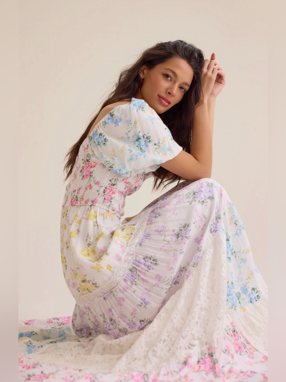 Altar'd State Ivory Floral Smocked Maxi Dress